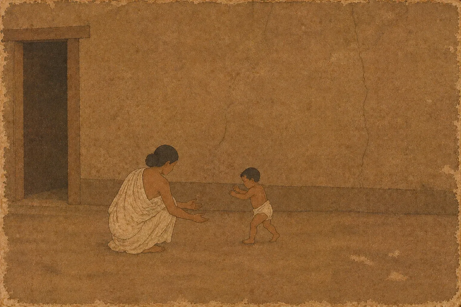 A thin woman crouches in a courtyard with her hands out as a small child takes a step towards her.
