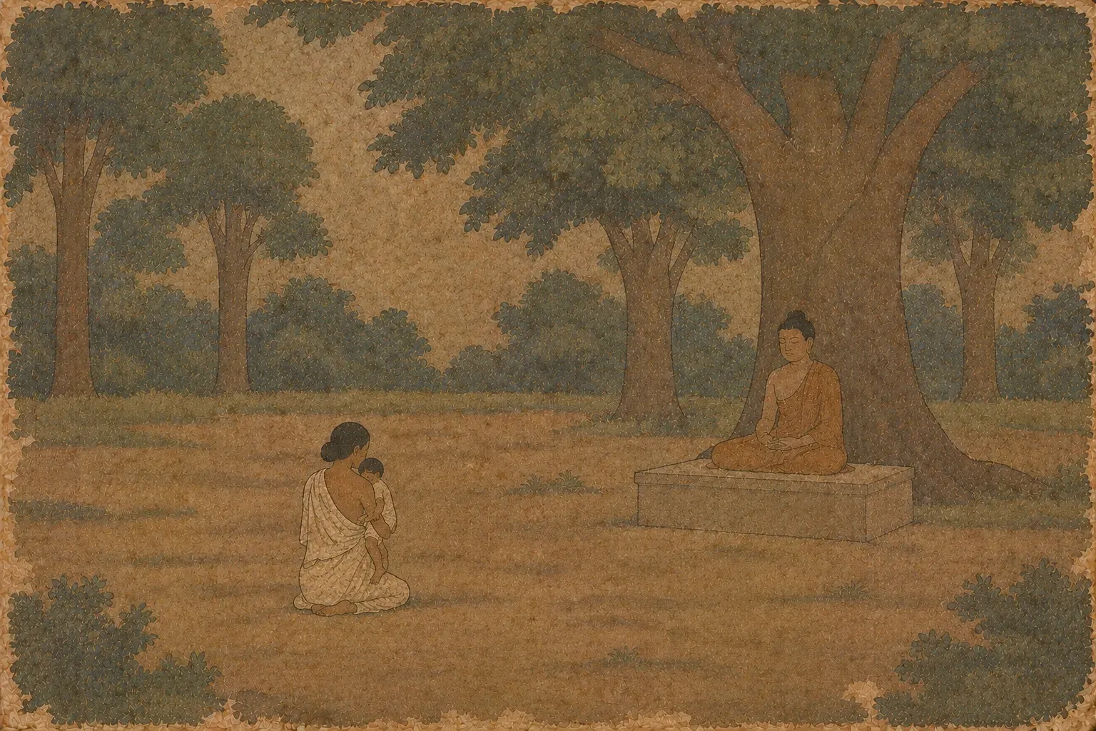 In an open grove, a woman kneels holding a limp child before a seated figure on a low stone seat.