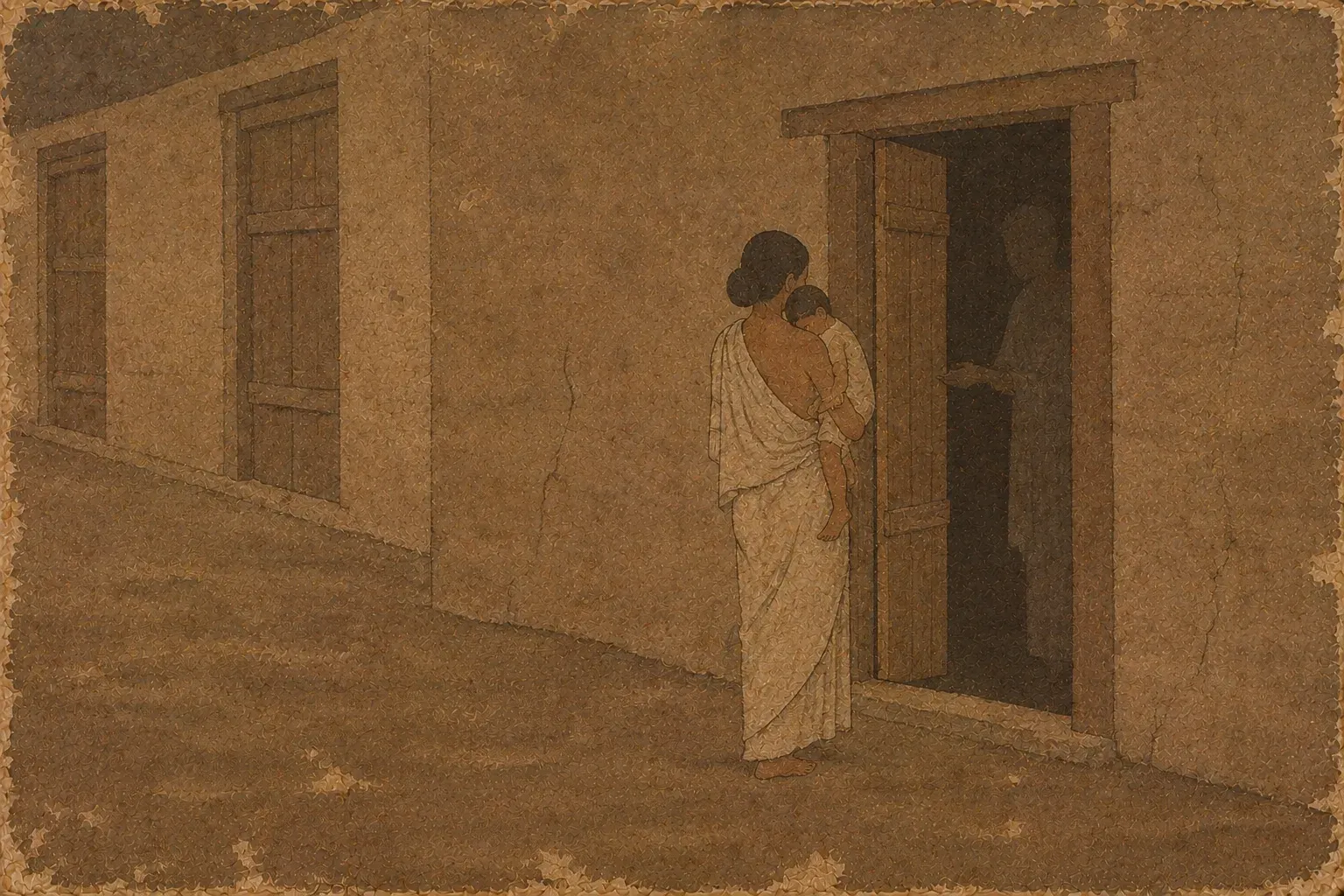 A woman carrying a limp child stands at a half-open door while a figure in the dark interior reaches out to her.