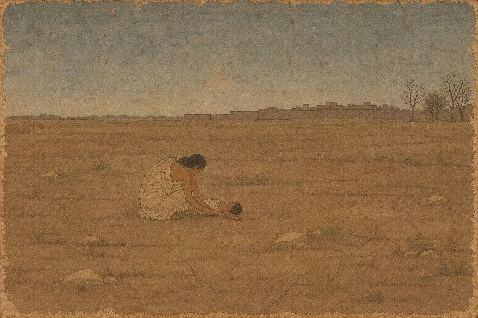 On bare ground outside a distant city wall, a kneeling woman lays a small limp child flat on the earth.