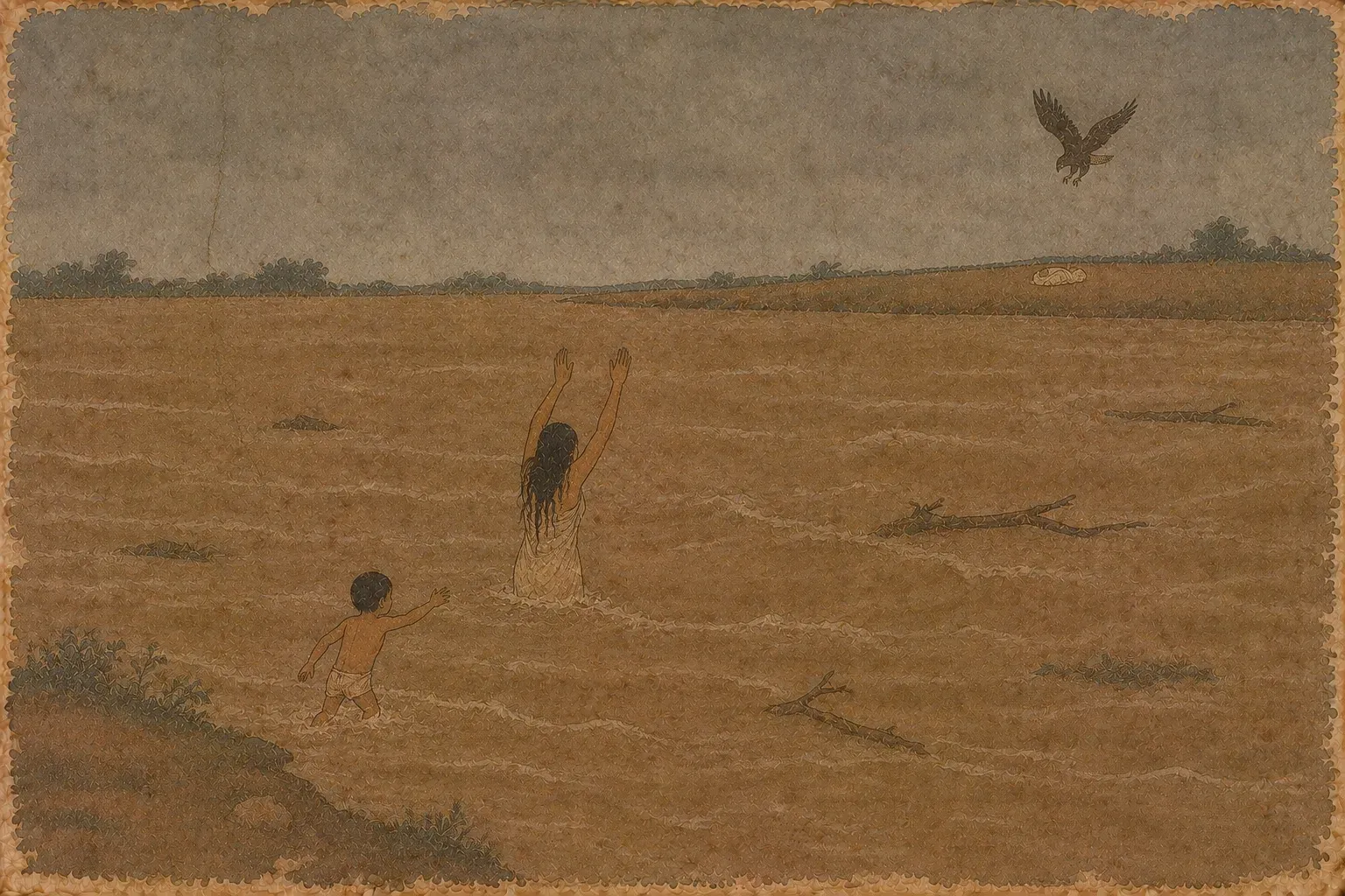 A woman stands waist-deep in a flooded river with her arms raised; a hawk descends towards a bundle on the far bank while a small boy steps into the water behind her.