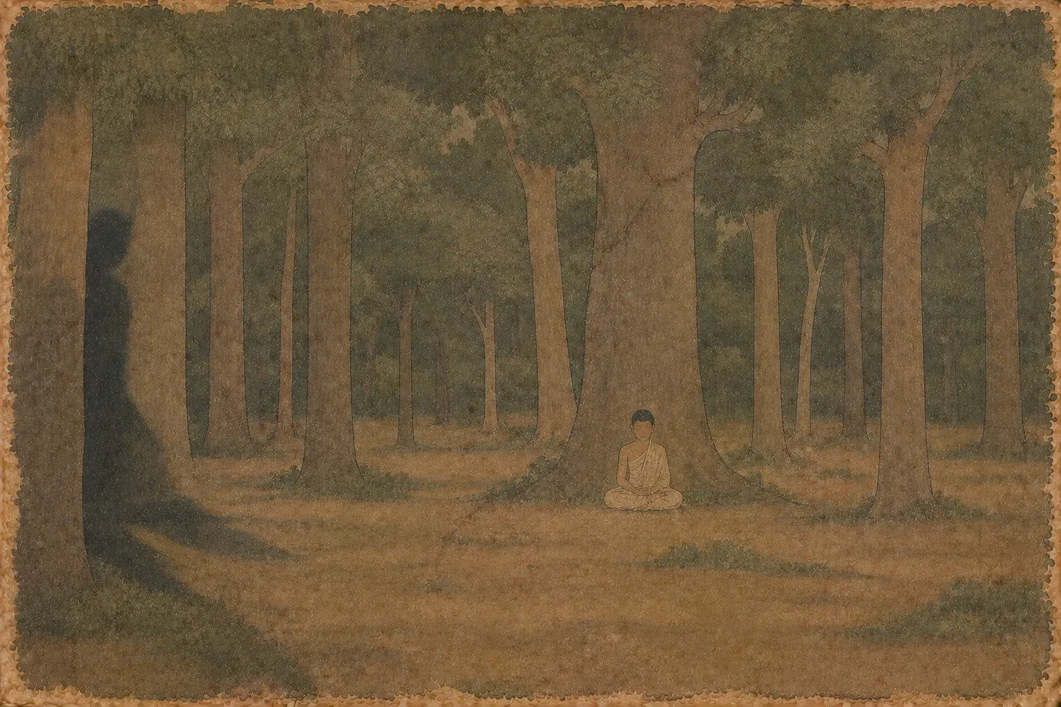 A nun sits in meditation at the foot of a large tree in a wood; at the edge of the frame a dark shadow falls in the shape of a standing figure with nothing there to cast it.