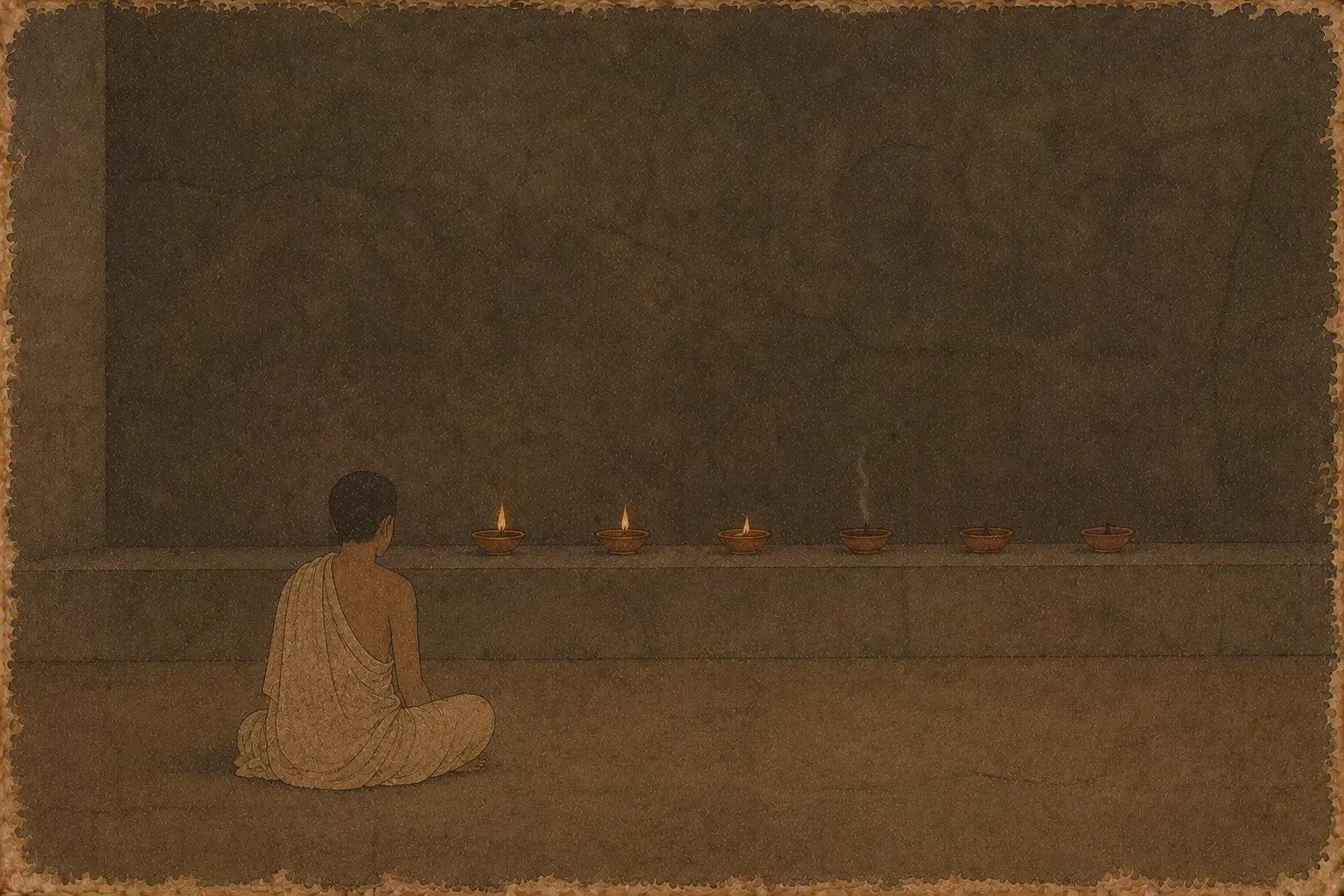 A nun sits on the floor of a dim stone room facing a row of small clay lamps: three burning, one smoking, two dark and cold.